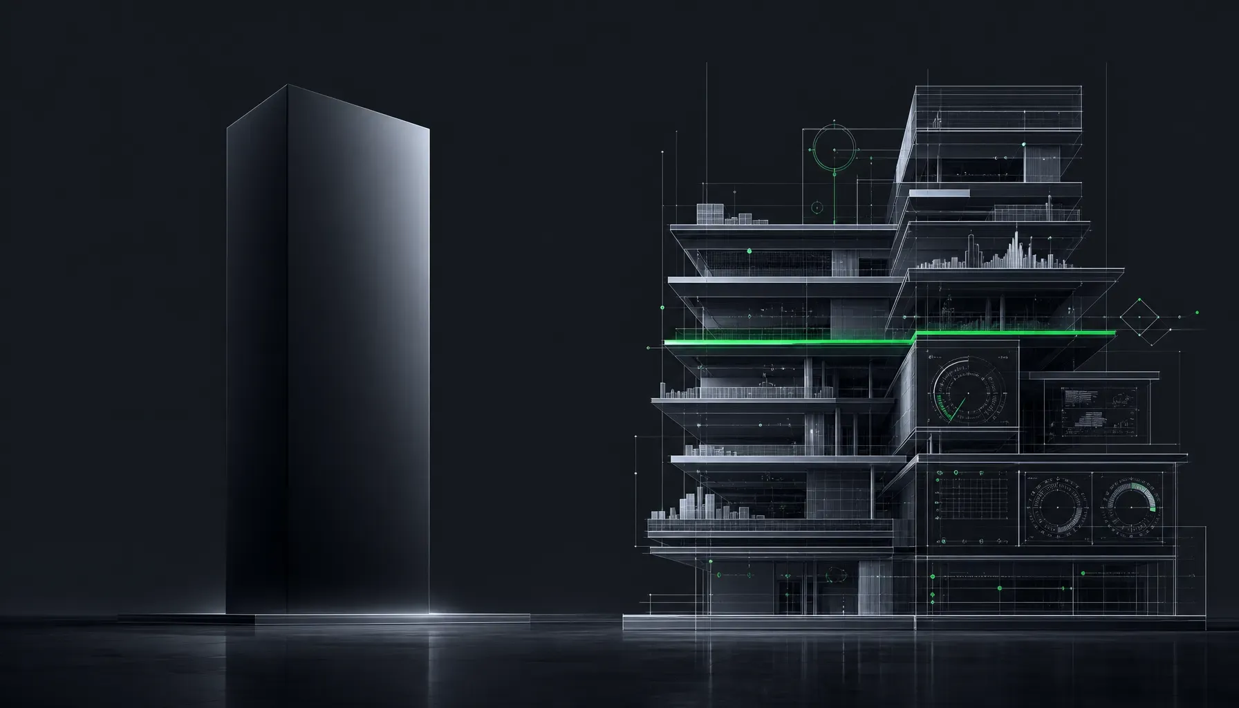 Hero — model domain (monolithic black box) vs expert domain (layered, instrumented, data-embedded). Hogunism brand green accent at center.