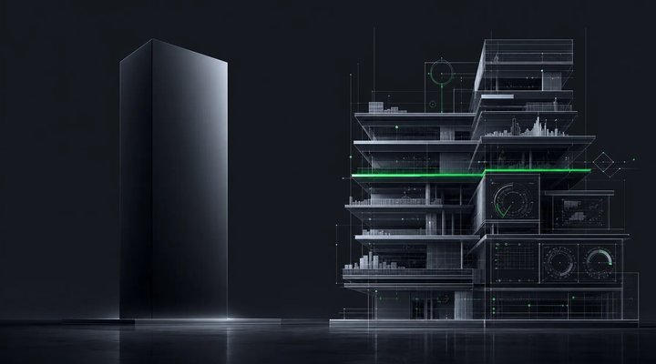 Hero — model domain (monolithic black box) vs expert domain (layered, instrumented, data-embedded). Hogunism brand green accent at center.