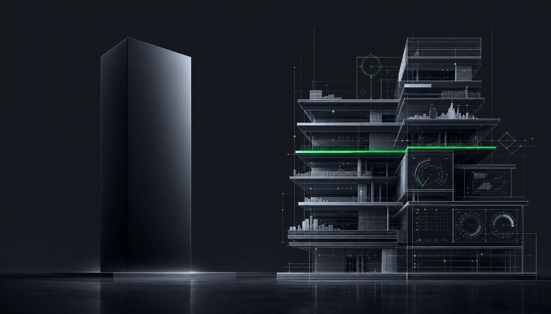 Hero — model domain (monolithic black box) vs expert domain (layered, instrumented, data-embedded). Hogunism brand green accent at center.