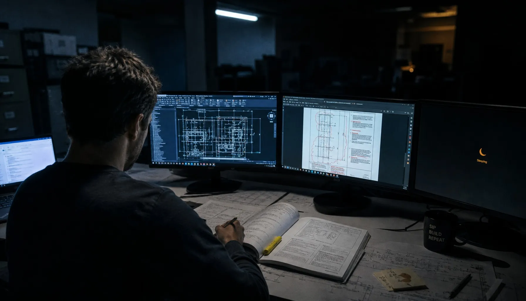 A structural engineer at dual monitors in a dim office at night — CAD on one screen, a marked-up PDF on the other. The working scene the abstract argument actually refers to.