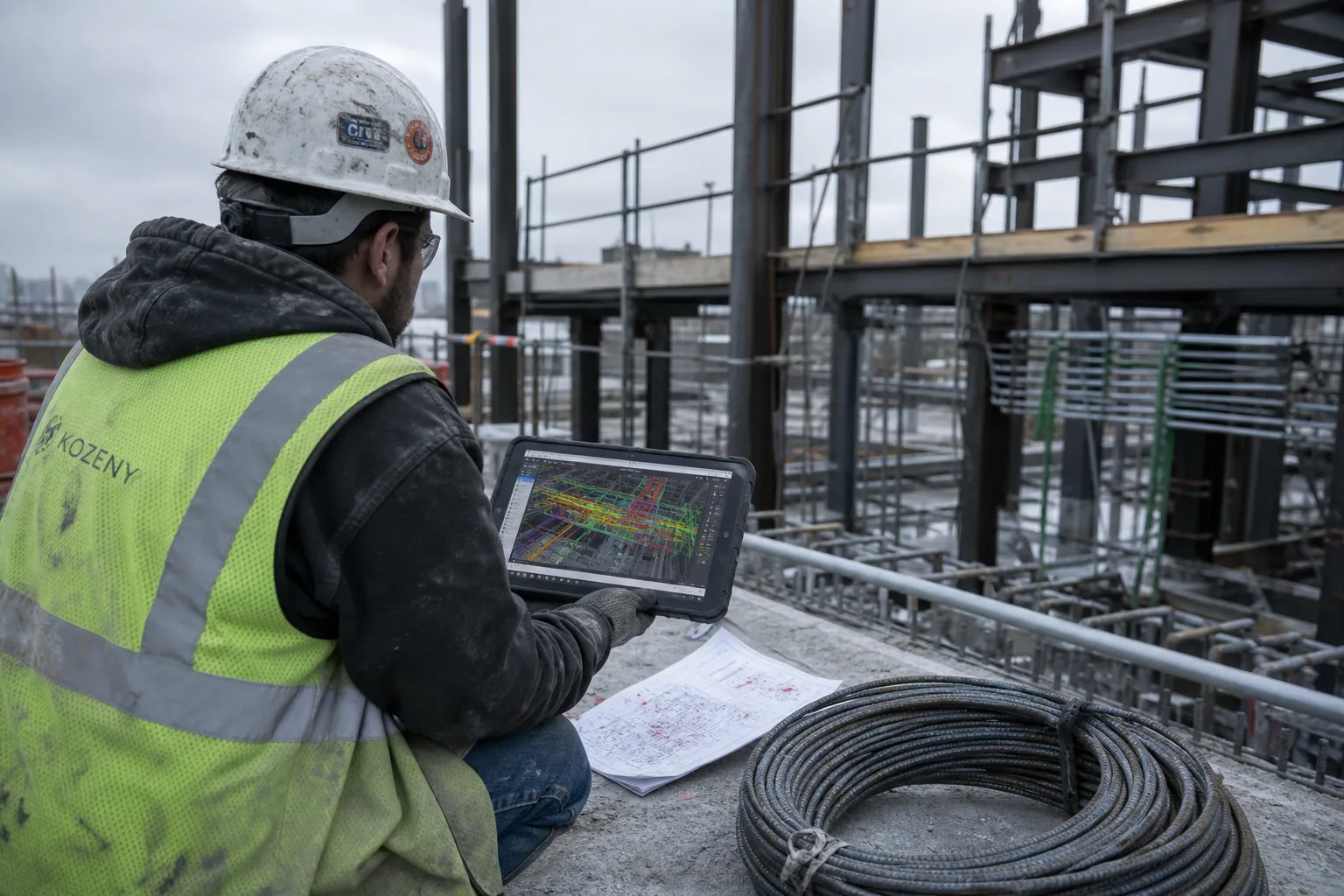 Construction engineer on active building site reviewing BIM clash-detection data on a tablet amid steel framing