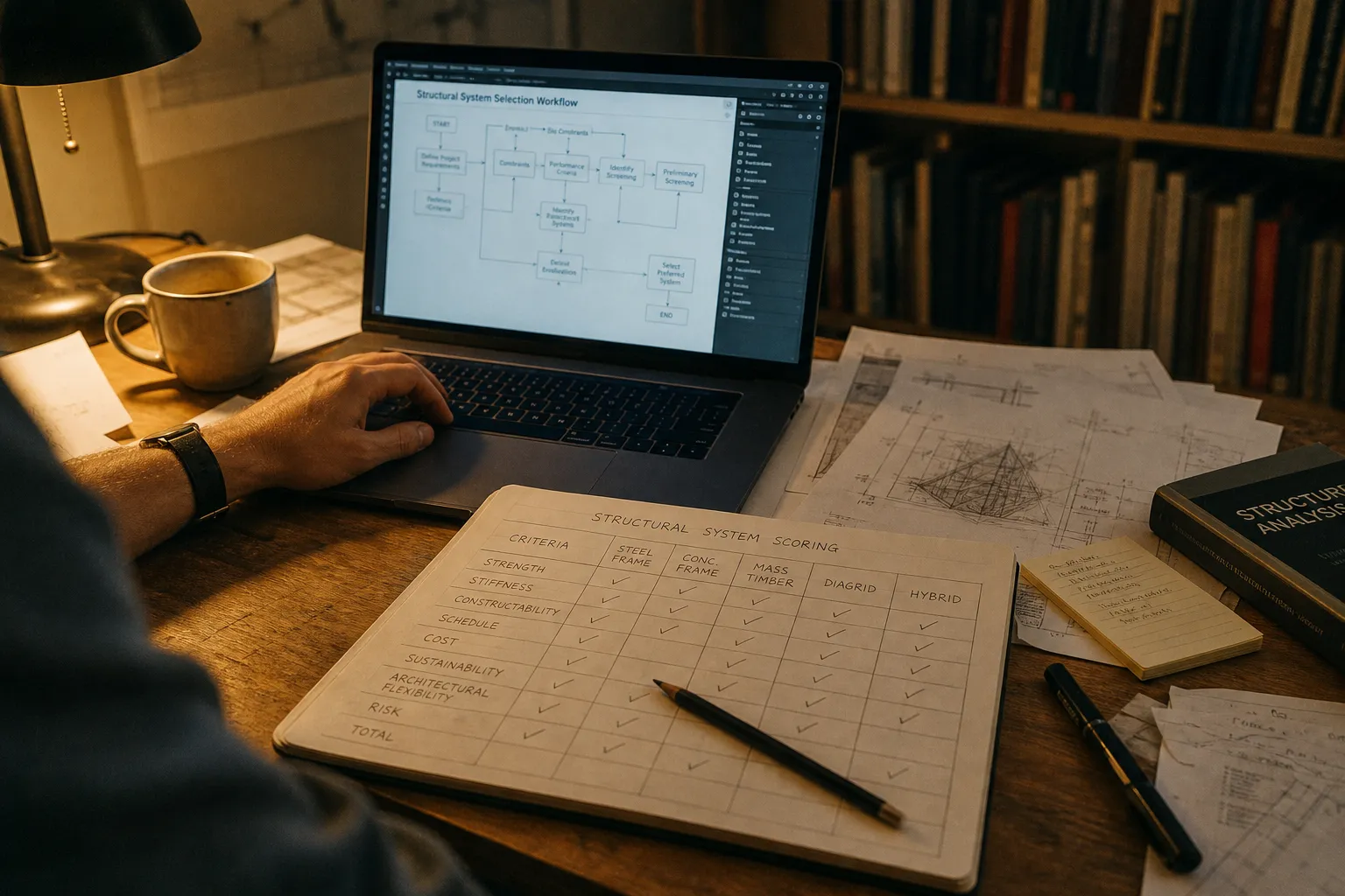 AEC engineer at a desk with a handwritten checklist notebook open beside a laptop showing a workflow diagram