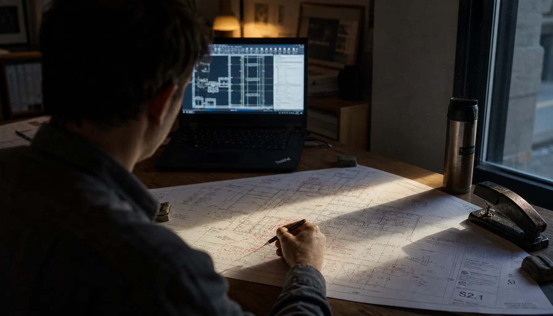 A structural engineer at a quiet desk early morning — paper drawings, a thermos, the ThinkPad open to CAD. The moment before AI even comes up.