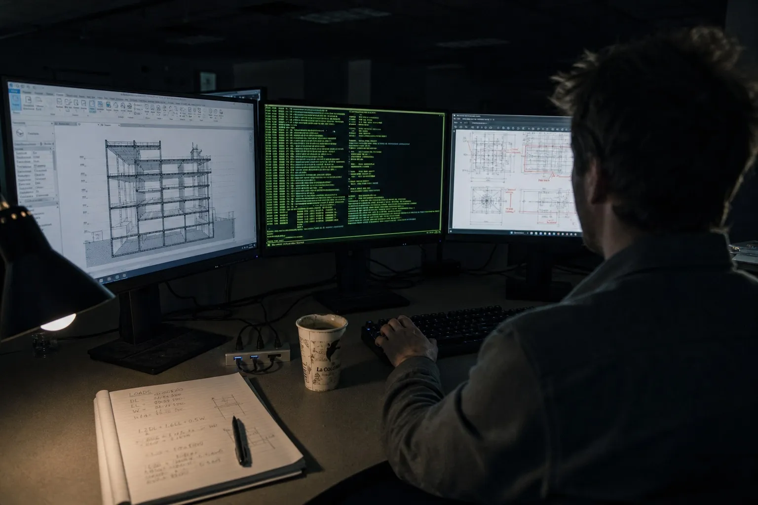 AEC engineer at multi-monitor workstation with BIM software, code documents, and terminal windows open simultaneously