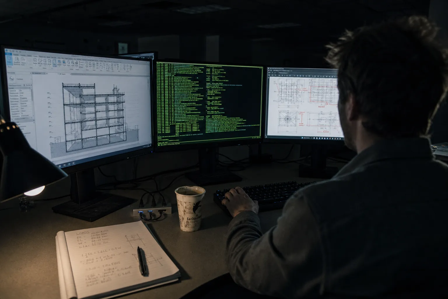 AEC engineer at multi-monitor workstation with BIM software, code documents, and terminal windows open simultaneously