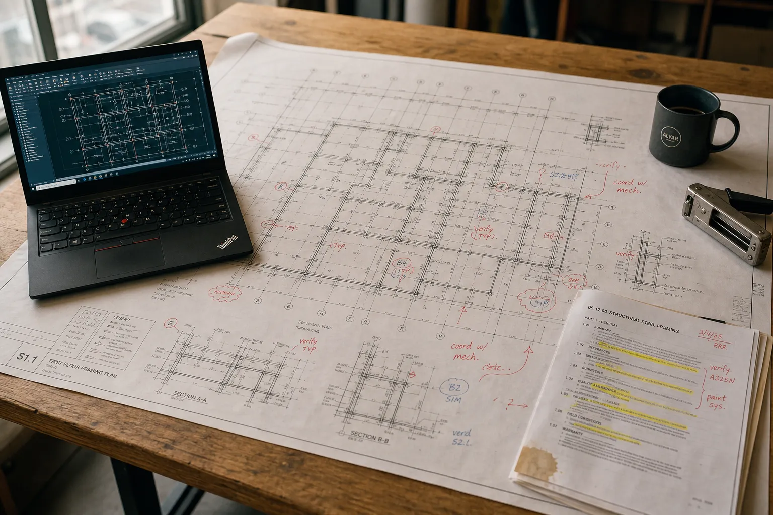 Structural drawing with red-pen annotations laid beside a laptop and printed specification sheets on a construction site table