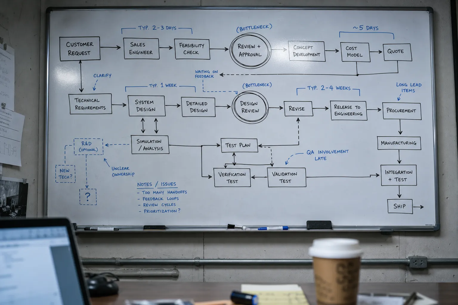 Engineering office whiteboard showing hand-drawn AI workflow diagram with labeled steps, arrows, and circled decision points