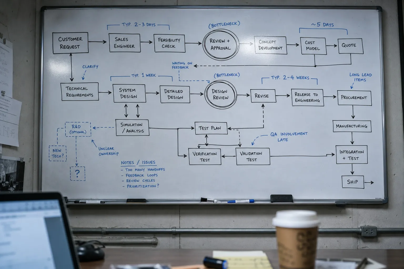 Engineering office whiteboard showing hand-drawn AI workflow diagram with labeled steps, arrows, and circled decision points