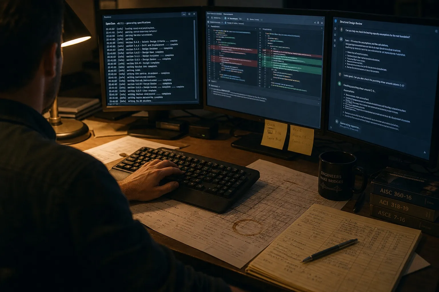Engineer at desk with multiple AI chat windows open simultaneously, each handling a different workflow role