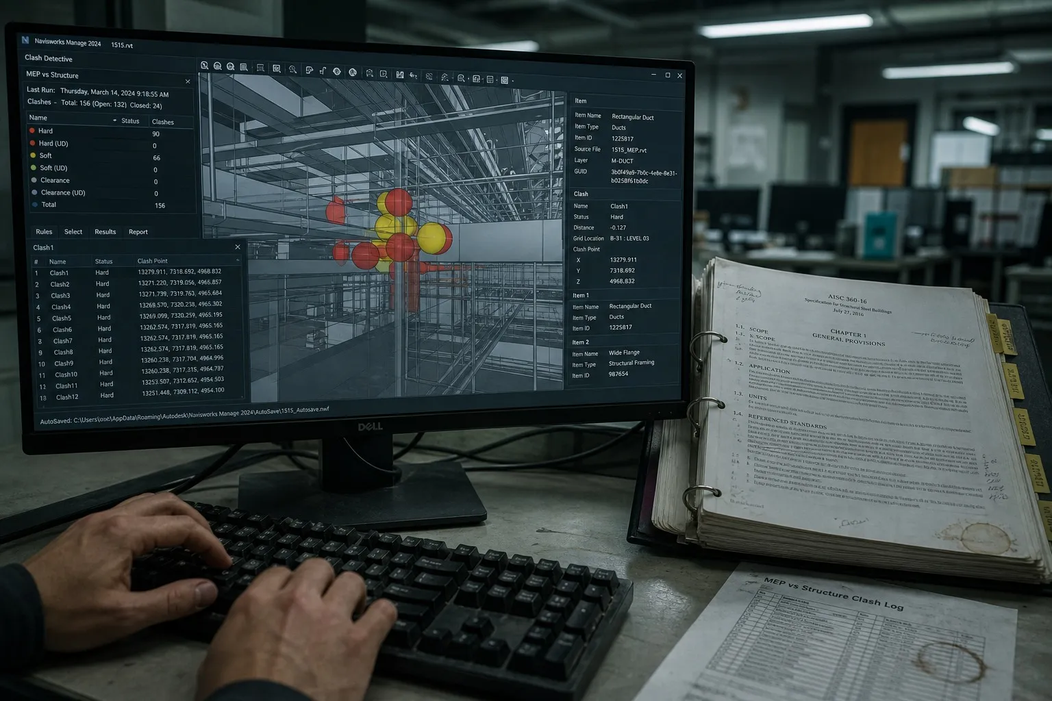 Navisworks clash report on monitor next to open structural specification binder on a construction site desk