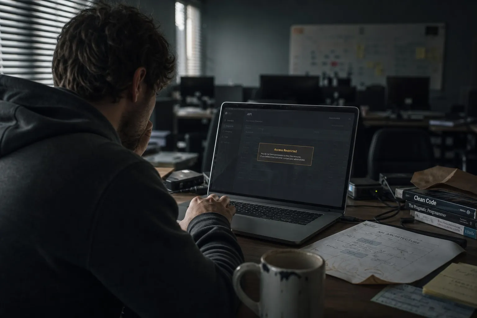 Developer at laptop in startup office viewing an API dashboard showing a restricted or pending access status