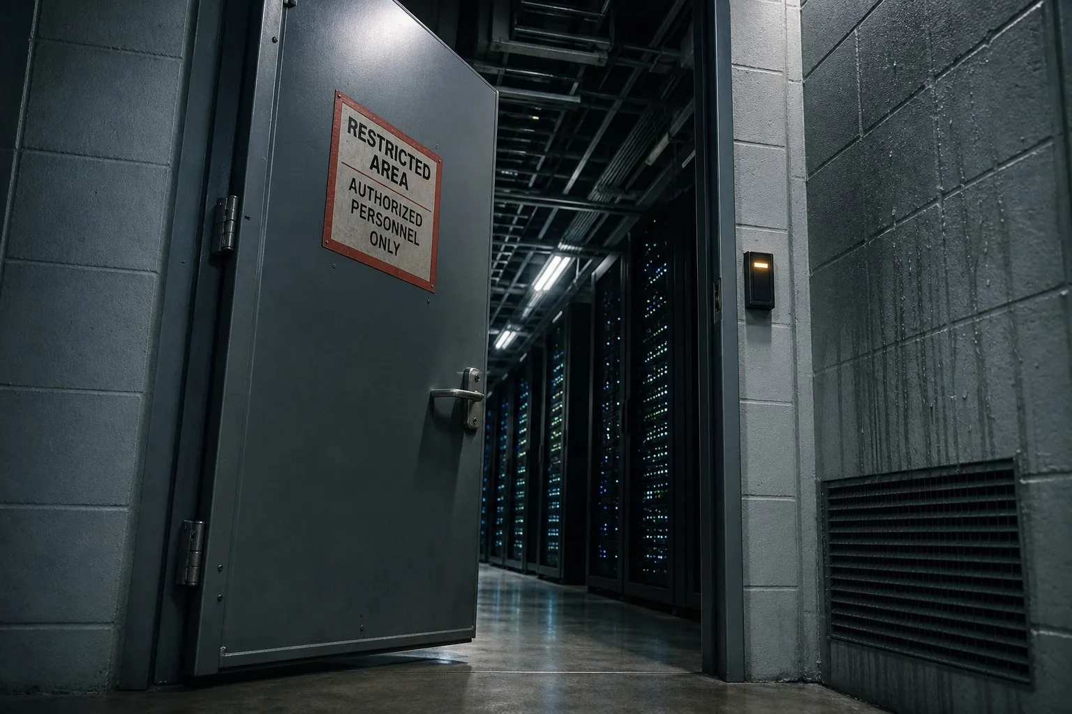 Data center corridor with a secured door, badge reader, and warning signage representing restricted access to infrastructure