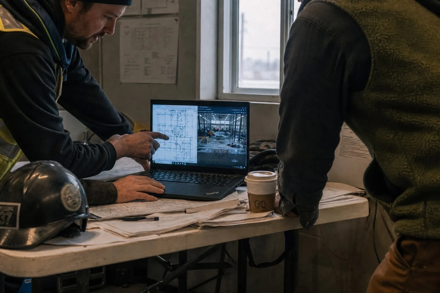 Engineer conducting a live AI tool demo on a laptop inside a construction site office trailer with project data on screen