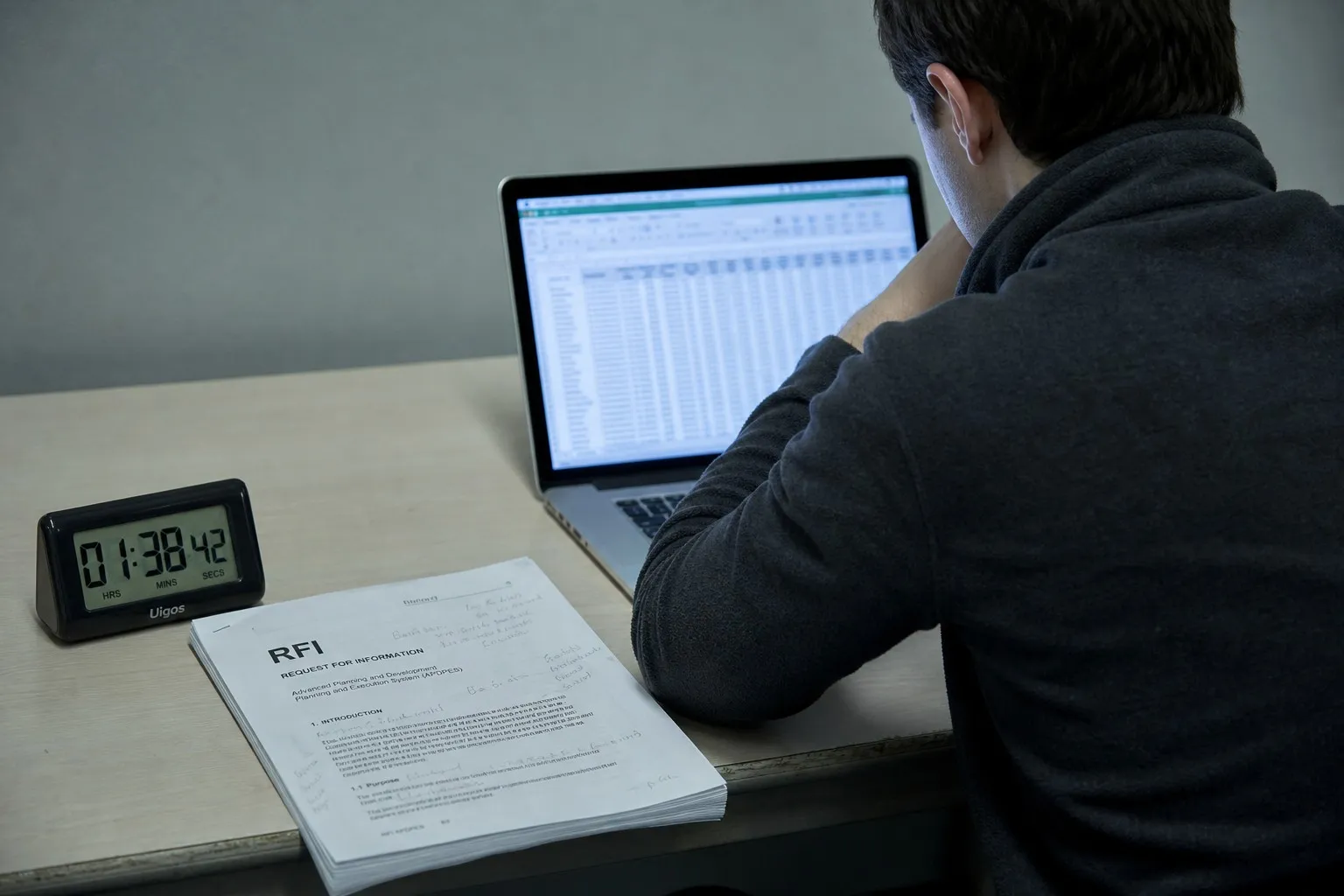Job candidate working through a real RFI dataset on a laptop at a plain desk with a timer and printed documents nearby
