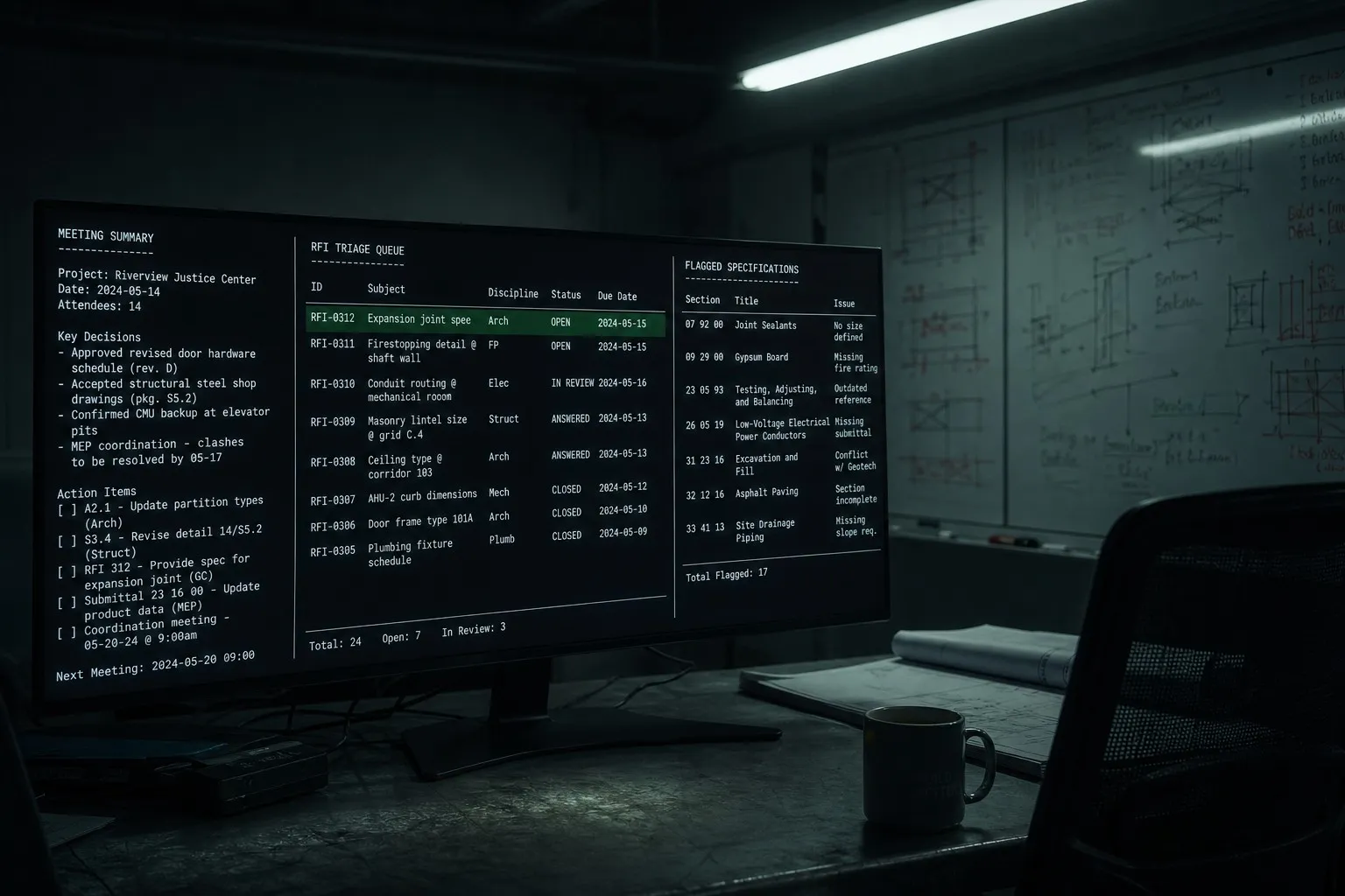 Monitor in a dim office displaying plain-text AI outputs including RFI triage and meeting summaries for an AEC project
