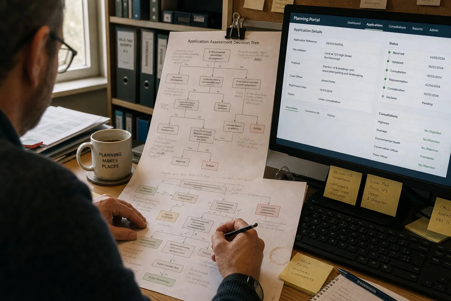 A printed decision flowchart beside a laptop — deterministic, auditable rules doing the fast work instead of a generative model
