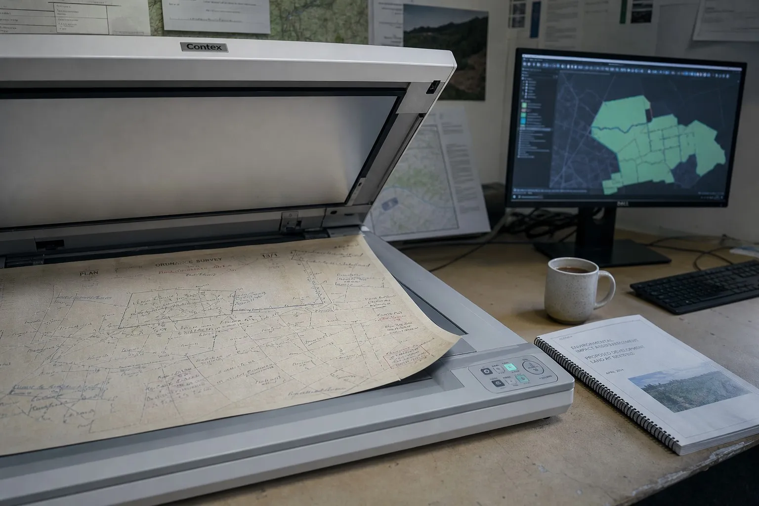 Decades-old scanned planning documents and maps being turned into structured, georeferenced data on screen