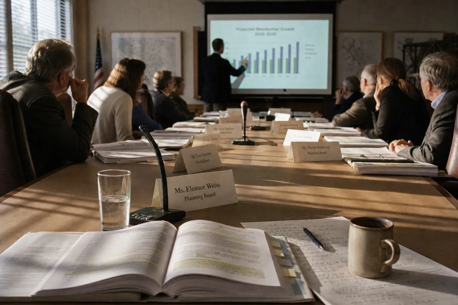 Empty local authority planning committee room with a long table, name placards, printed agenda packets, and a projector screen