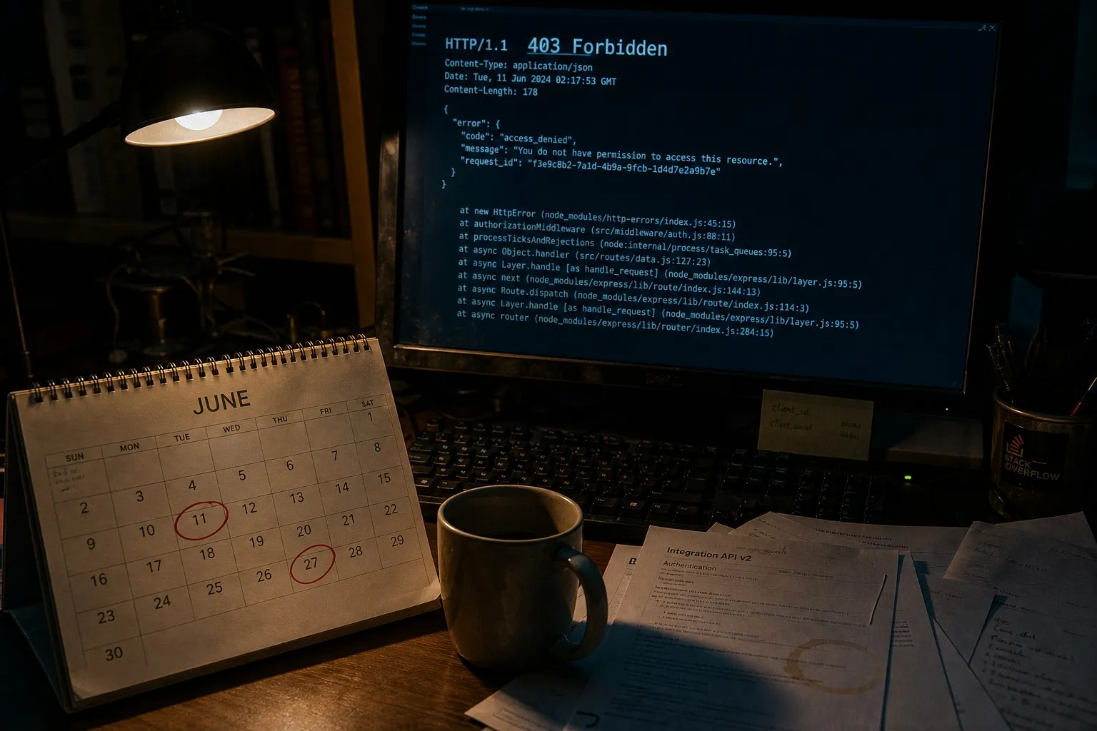 Developer's desk with monitor showing API access error, calendar open to June with dates circled in marker