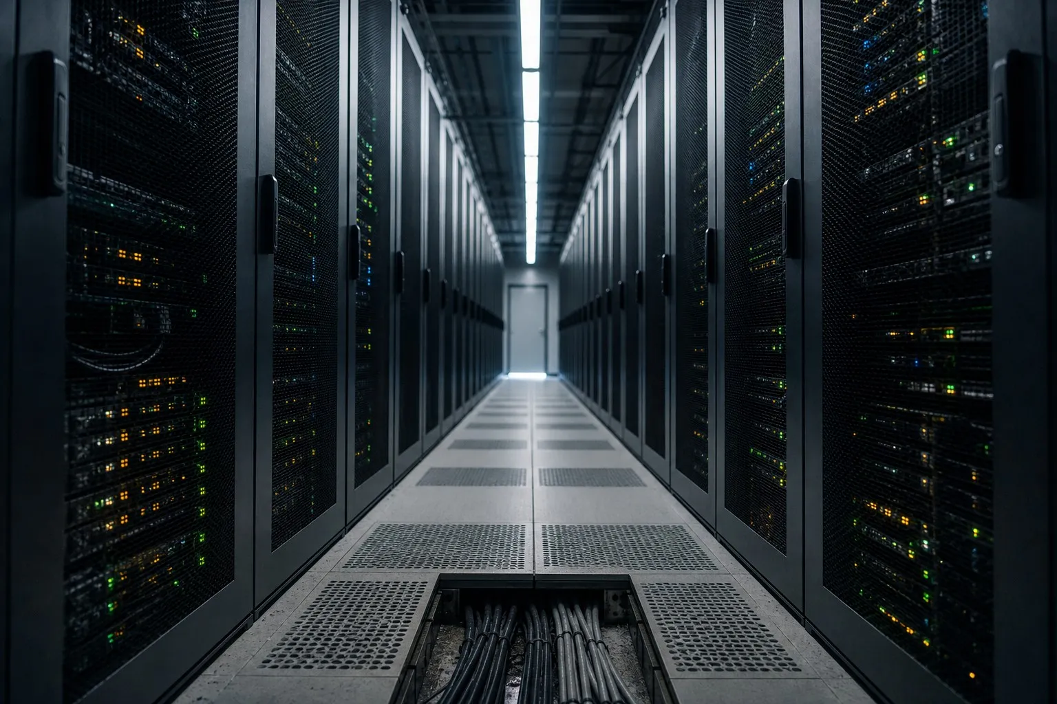 Lit data center corridor with operational server racks, no signs of failure or damage