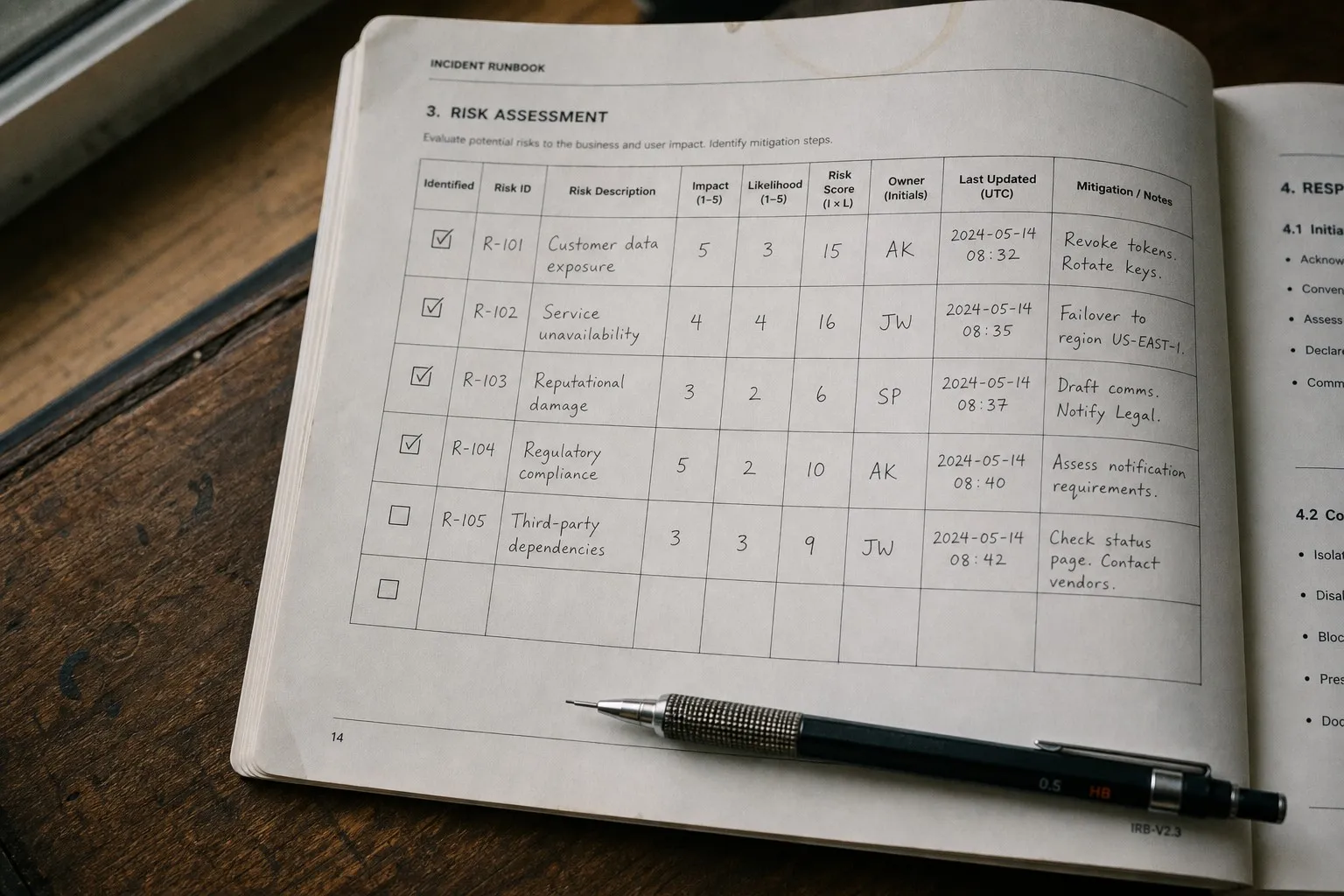 Printed incident runbook with a risk table showing an unfilled row at the bottom, pen resting nearby