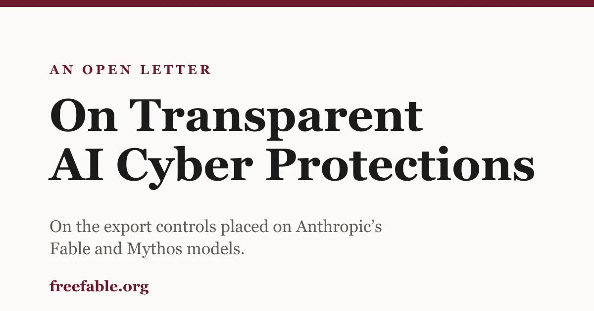 The actual open letter card — "On Transparent AI Cyber Protections" at freefable.org