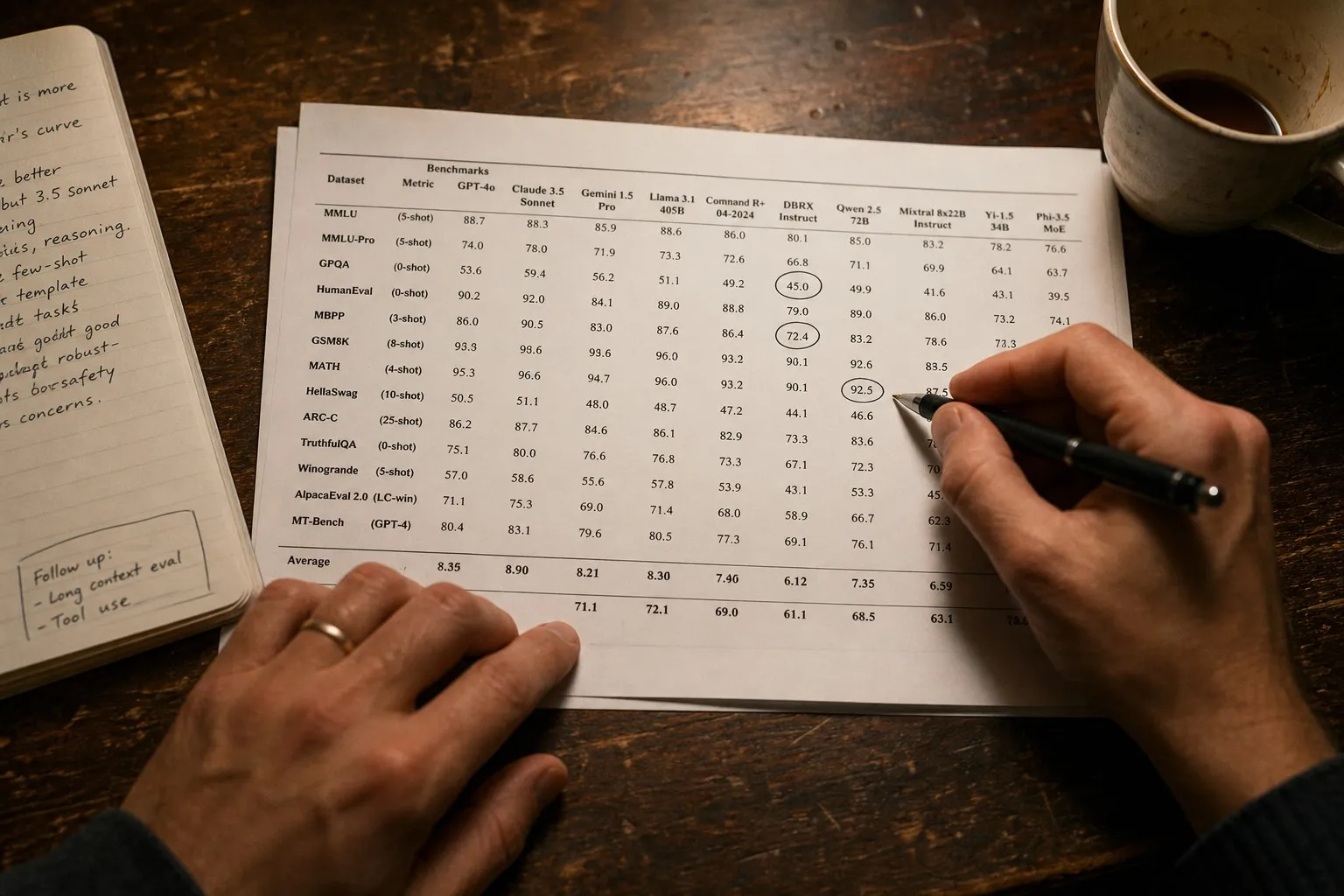 Hands with pen circling losing cells on a printed AI model benchmark comparison table covered in dense numbers