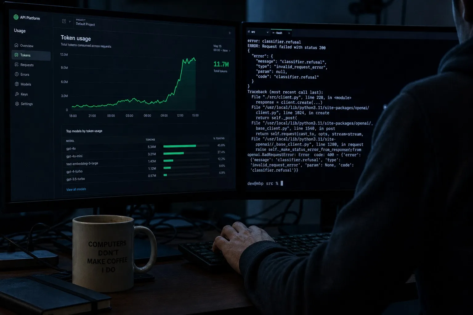 Developer monitor at night showing a token usage spike chart alongside a terminal displaying a classifier refusal error