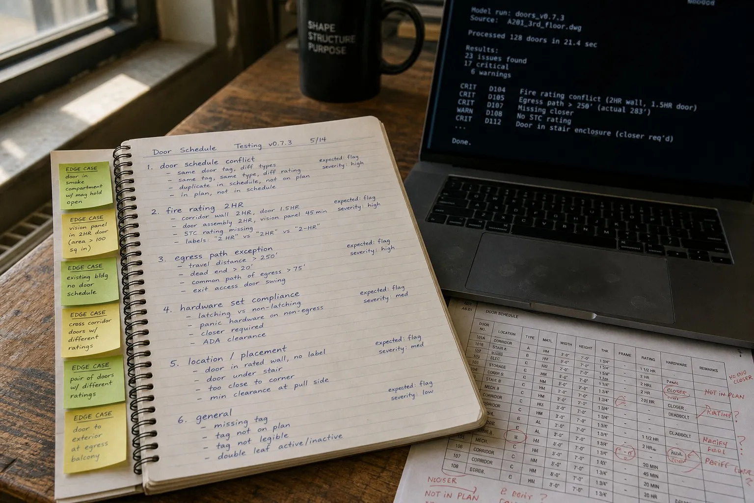 AEC engineer's whiteboard listing handwritten model eval test cases beside a laptop showing AI output for a door schedule