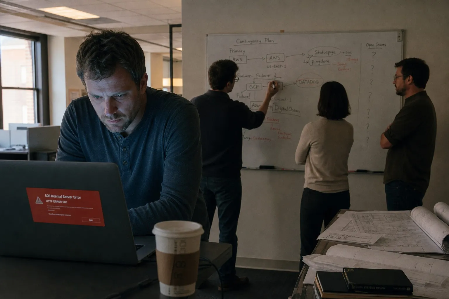 Engineer staring at API error on laptop screen while colleagues review contingency plan on whiteboard