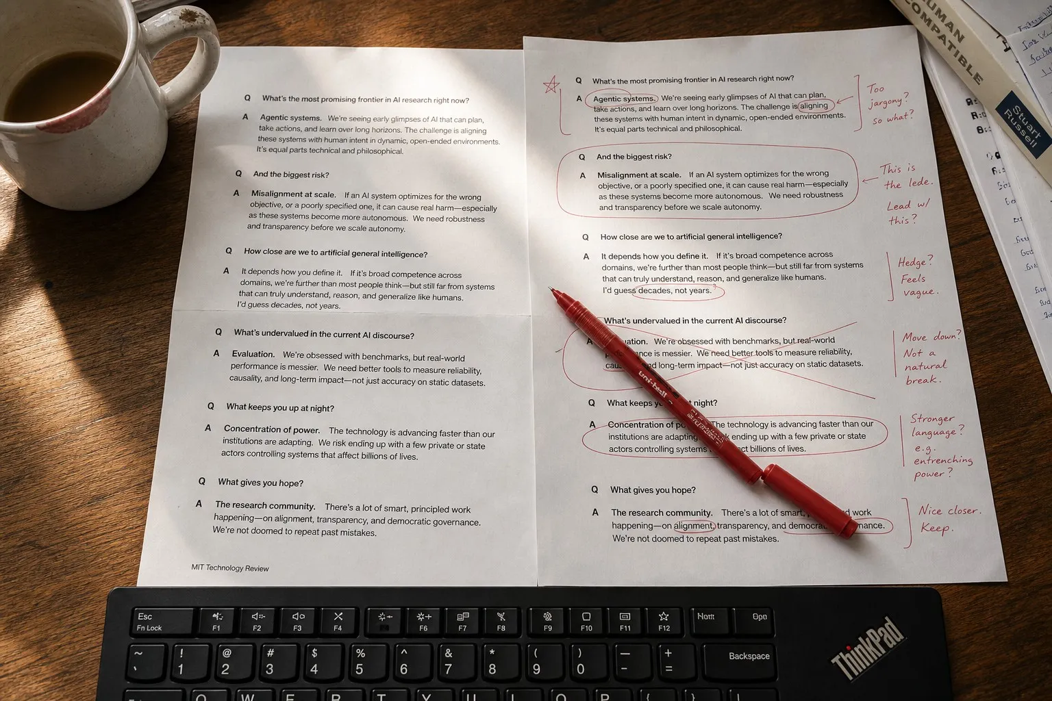 Two printed AI output sheets on a desk, one marked with red pen highlighting degraded responses during a prompt audit
