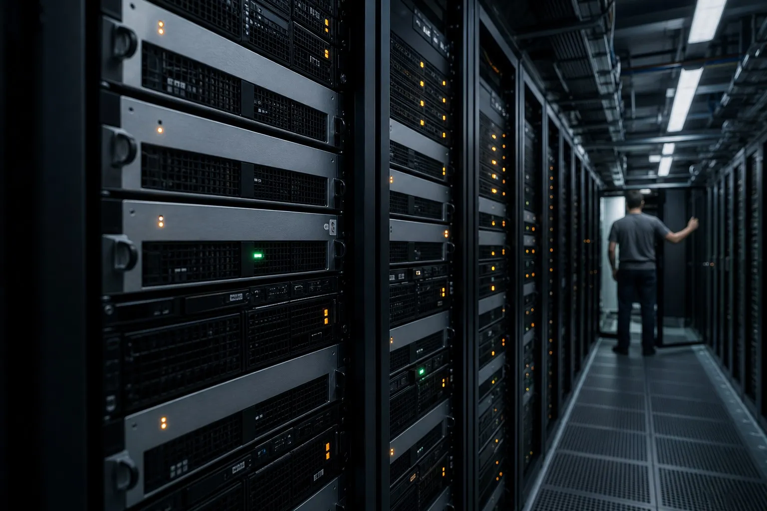 Server rack corridor with blinking indicator lights representing multi-provider model routing infrastructure