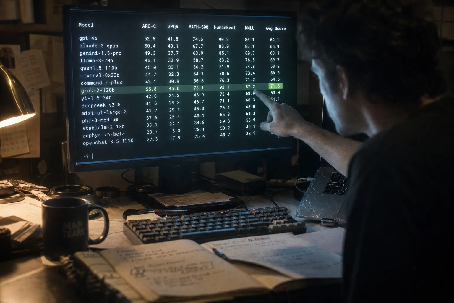 Developer pointing at a monitor showing a model comparison table with one row of scores clearly outperforming the rest