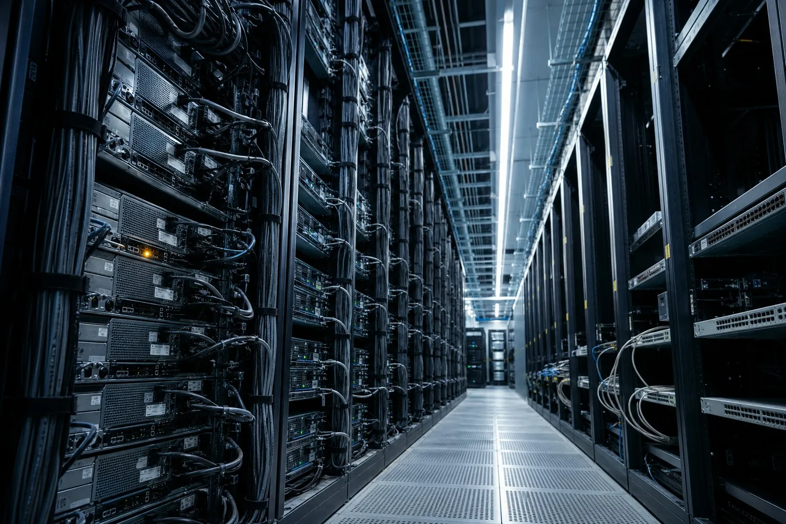 Data center aisle showing high-density compute racks beside lighter networking hardware, illustrating tiered infrastructure
