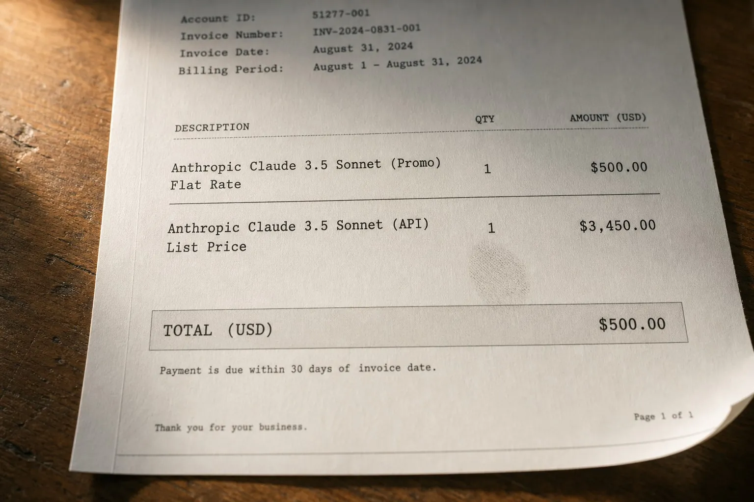 Close-up of a billing statement showing a subsidized flat-rate line item beside a full API list price, the gap circled