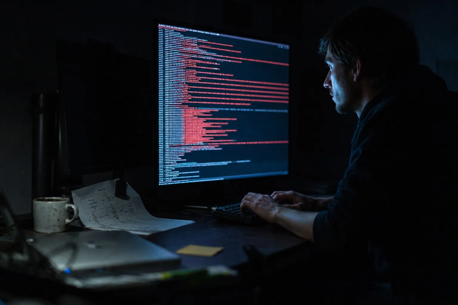 Developer staring at a monitor showing cascading red test failures in a dimly lit office at night