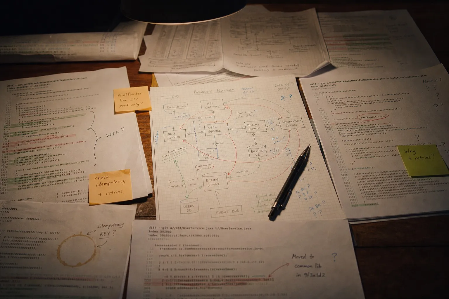 Printed code diff covered in handwritten annotations and colored markers highlighting scattered file dependencies