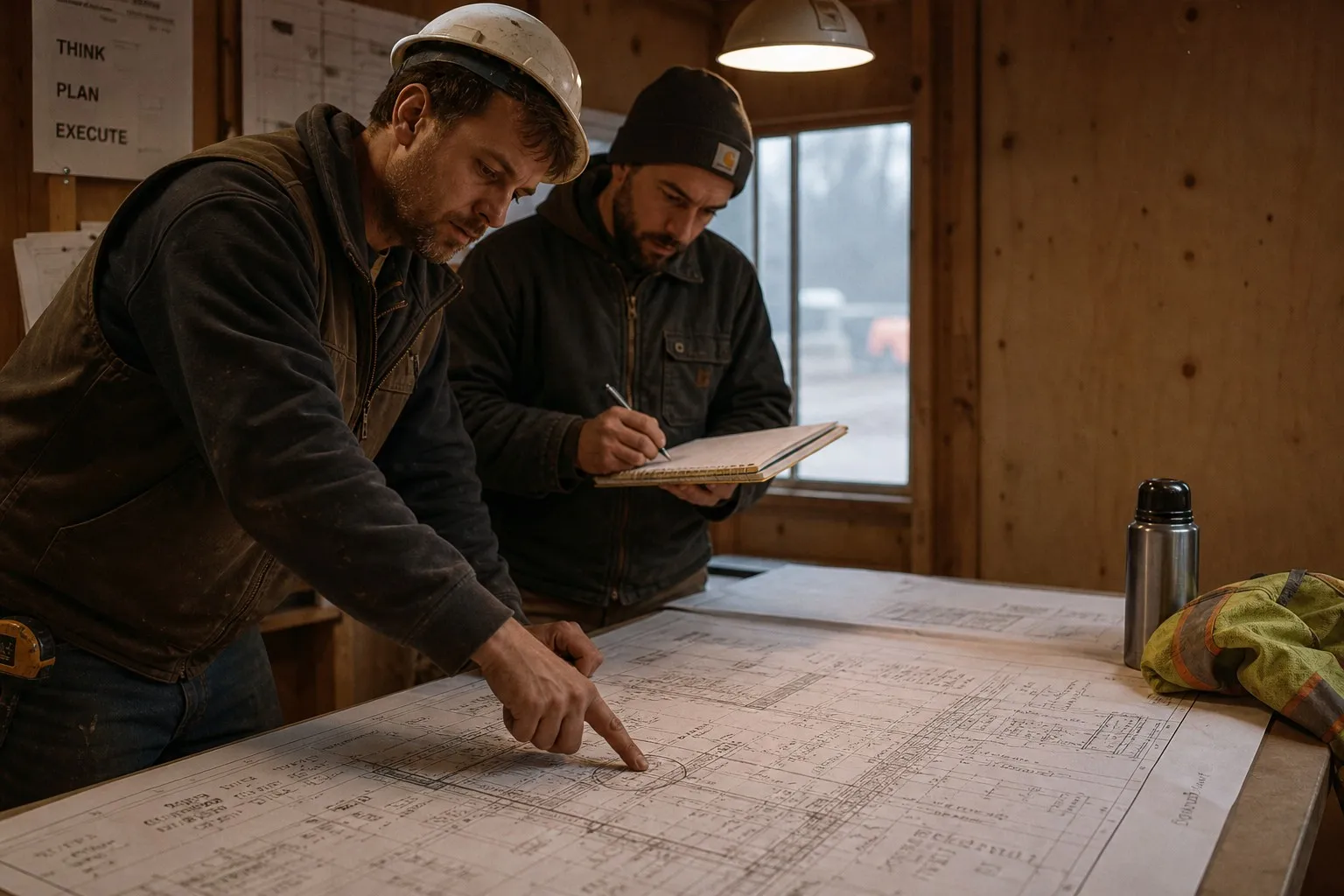 Two AEC engineers reviewing a blueprint together at a job site before construction begins