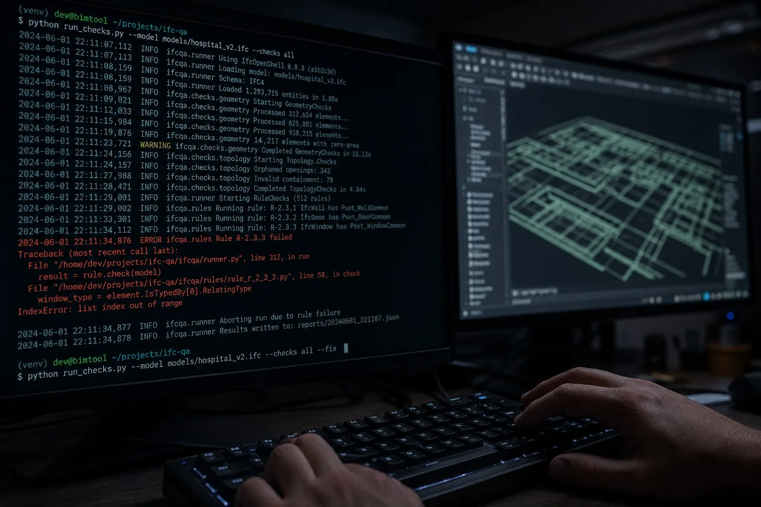 Terminal window showing Python script output and stack traces alongside an open IFC 3D model file on a developer's monitor