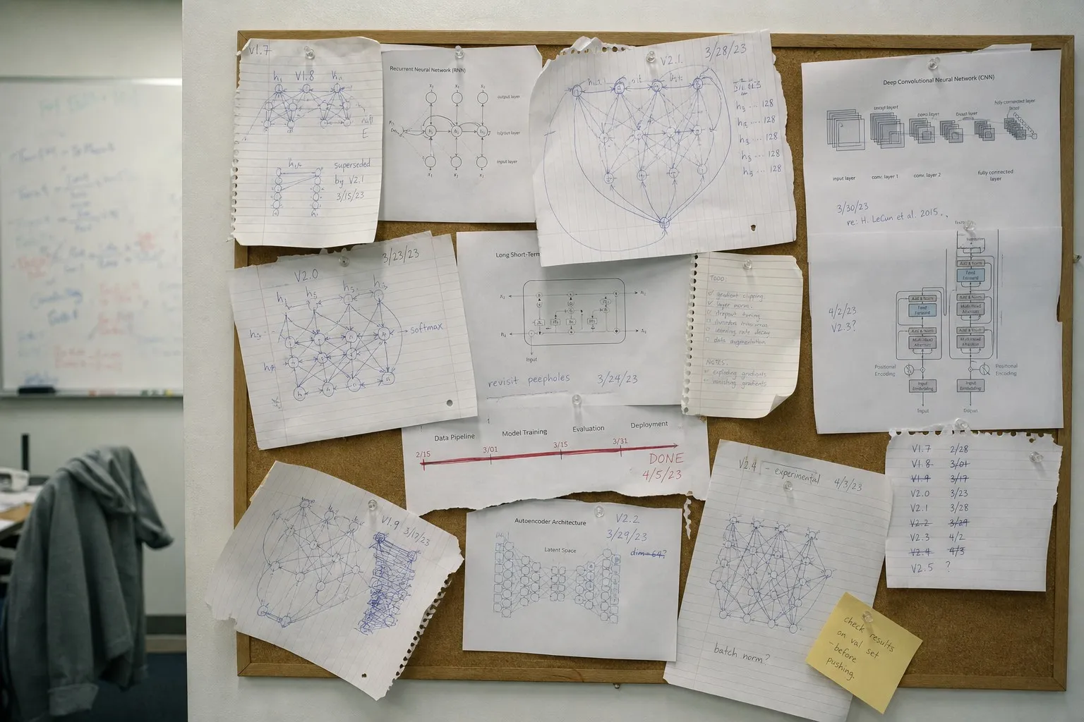 Handwritten neural network diagrams and timeline notes pinned to a corkboard, remnants of an early machine learning research session