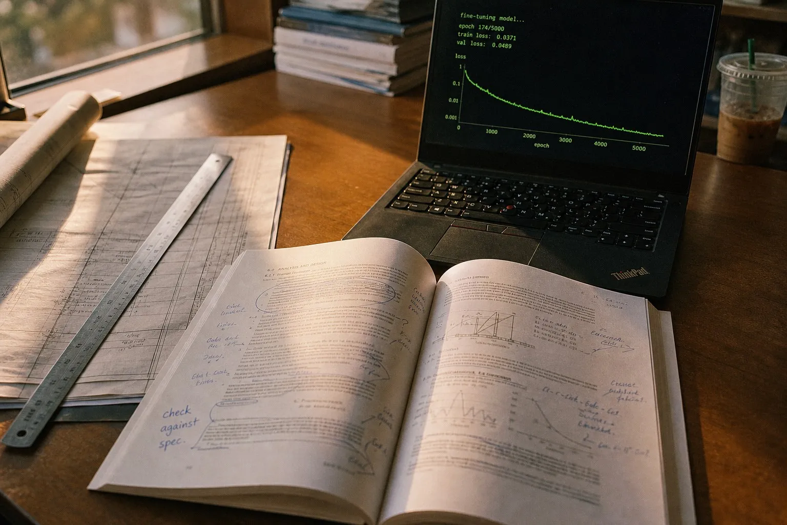 Annotated printed AI technical report open on a desk beside a laptop running a model fine-tuning script, with construction drawings nearby